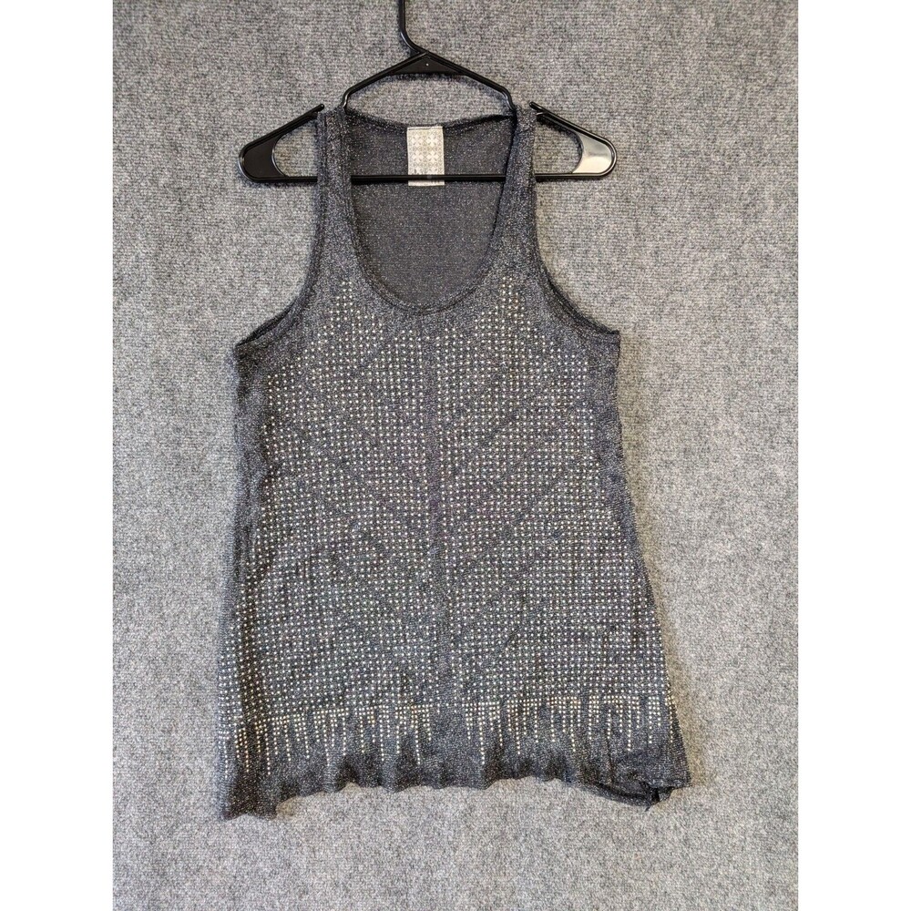 VOCAL Tank Top XL Black Silver Metallic Lurex Rhinestone Embellished Y2K